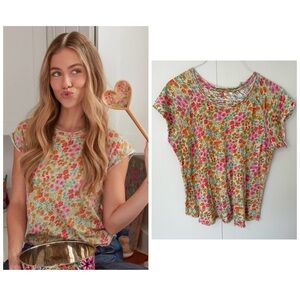 NATURAL LIFE Lily Cotton Short Sleeve Tee Shirt in Pink Mustard Floral